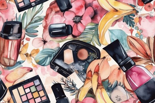 cosmetics and flowers depicted in a watercolor painting. Generative AI