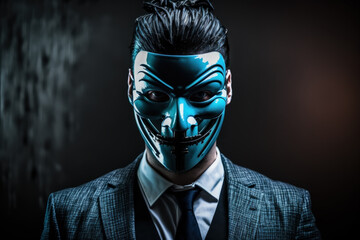 Cyber Fraudster: Cybercriminal in a blue mask. Criminal minds and hackers in cyberspace | Generative AI Production
