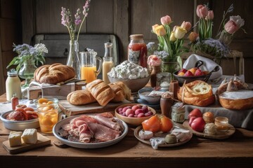 table filled with assorted foods including bread and fruit. Generative AI