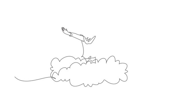 Self drawing animation of single one line draw Arabian businesswoman on top of cloud raised hands. Successful business. Financial freedom, happiness, peaceful. Continuous line. Full length animated