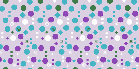 Circles and rhombuses in a random arrangement. Blue, green, purple colors. For print and interior design, wallpaper, textiles, notebooks, pillows.