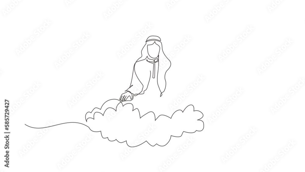 Poster self drawing animation of single line draw office worker relaxes meditates in lotus position on clou