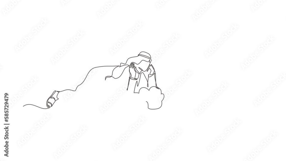 Poster animated self drawing of continuous line draw dreamer. arabic businessman lay on the clouds and drea
