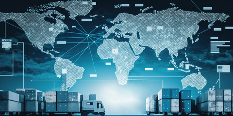 Fototapeta na wymiar A lot of shipping containers on the background of the world map. Logistics and transportation concept. Generative AI