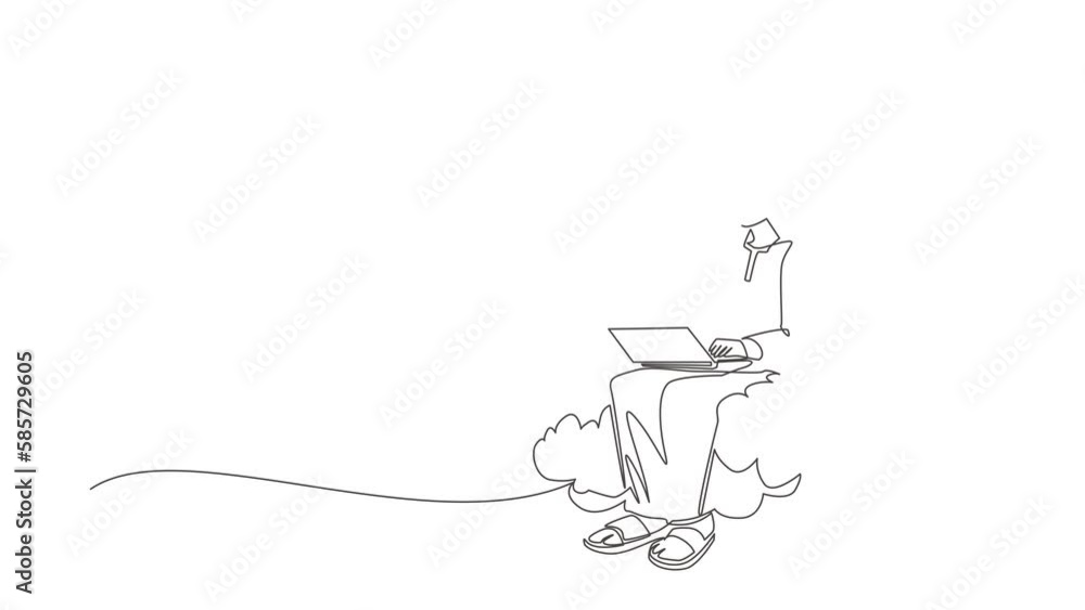 Poster animated self drawing of continuous line draw arab businessman sitting on cloud in sky, working with