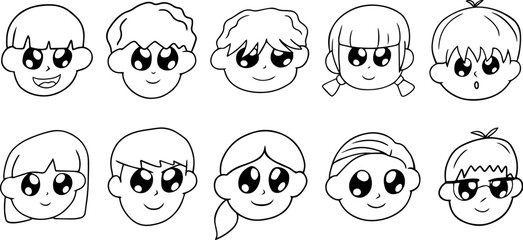 Cartoon kid face avatas set. Different kids with emotions outline style, vector illustration.
