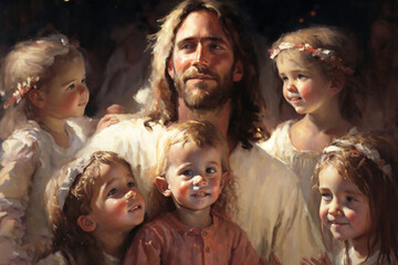 Jesus Christ with joyful children - Fine art oil painting style Christian art