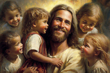 Jesus Christ with joyful children - Fine art oil painting created with Generative AI