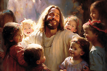 Jesus Christ with joyful children - Fine art oil painting style - obrazy, fototapety, plakaty