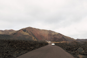 car line entering the timanfaya national park