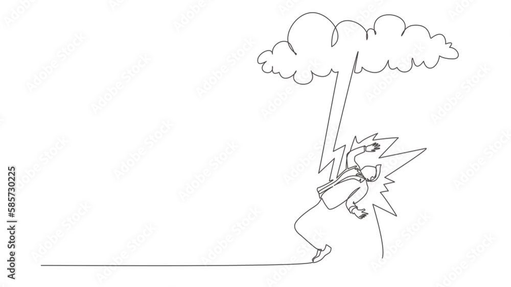 Poster animated self drawing of continuous line draw businessman struck by lightning from dark cloud. bad l