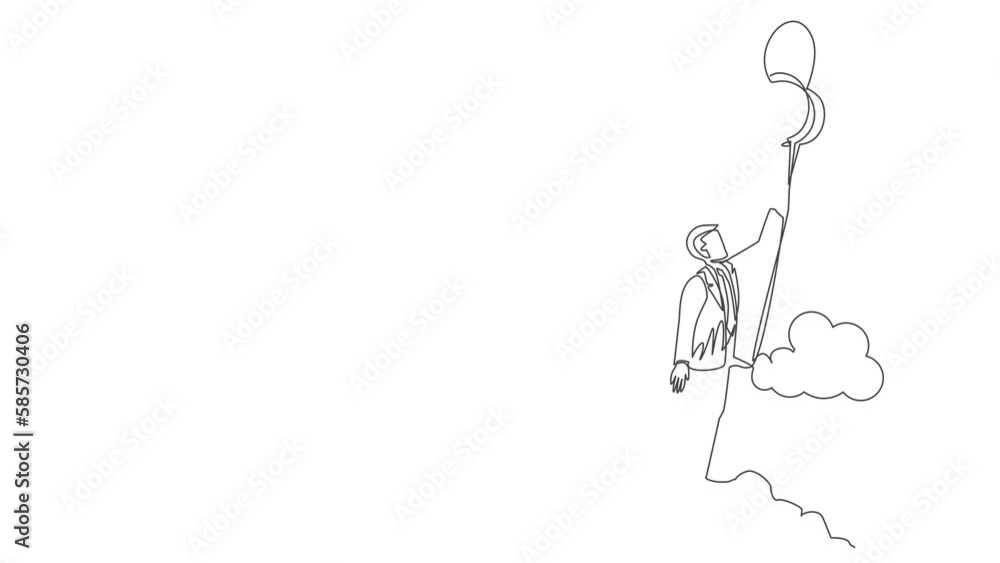 Poster self drawing animation of single one line draw businessman floating with balloon. man holding balloo