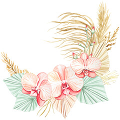 Obraz premium Orchid flowers, dried flowers. Hand drawn watercolor boho bouquet on isolated background.