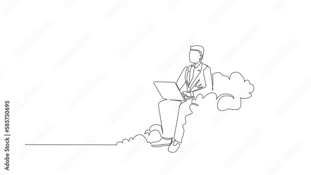 Poster self drawing animation of single line draw businessman sitting on cloud in sky, working with laptop.