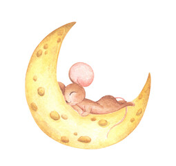  Cute mouse sleeping on the cheese moon. Watercolor hand draw illustration.