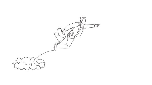 Animated self drawing of continuous line draw fearless brave businessman make risk by jump over clouds to reach his success target or flag. Challenge of his career. Full length one line animation