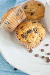 Classic muffins with chocolate chips for breakfast on blue and white background close up selective focus