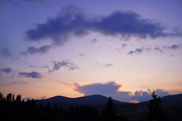 Beautiful mountains landscape with sunset sky. Carpathians, Ukraine.