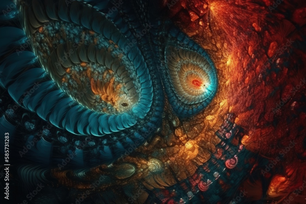 Poster colorful and intricate spiral design created through computer graphics. generative ai