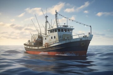 Naklejka premium Large Fishing Trawler in the Ocean with Seafood Catch - Background Boat Image