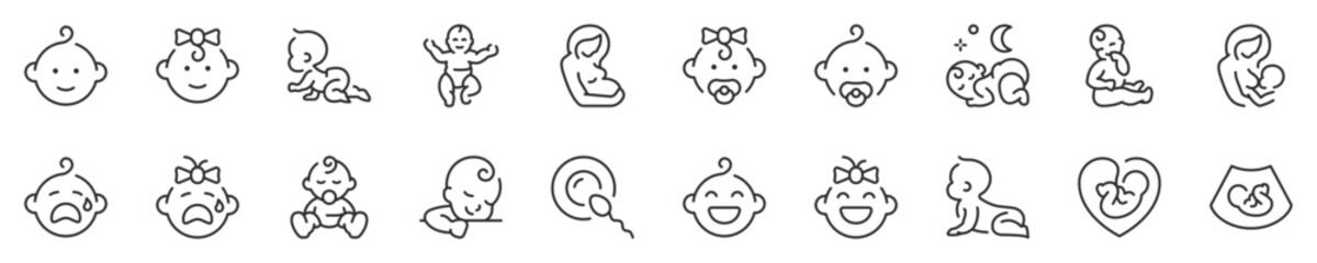 Babies, motherhood and lactation thin line icon set 1 of 2. Symbol collection in transparent background. Editable vector stroke. 512x512 Pixel Perfect.