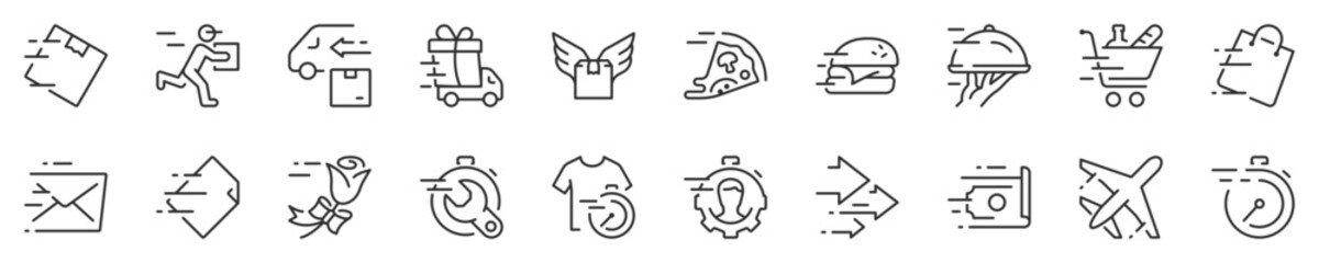 Fast services of delivery and shipping thin line icon set. Symbol collection in transparent background. Editable vector stroke. 512x512 Pixel Perfect.