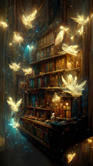 Magical library quills with wings flying fairylights Generative AI