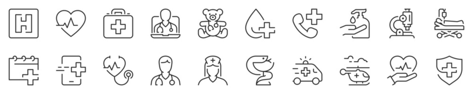 Hospital and medical care thin line icon set 1 of 3. Symbol collection in transparent background. Editable vector stroke. 512x512 Pixel Perfect.
