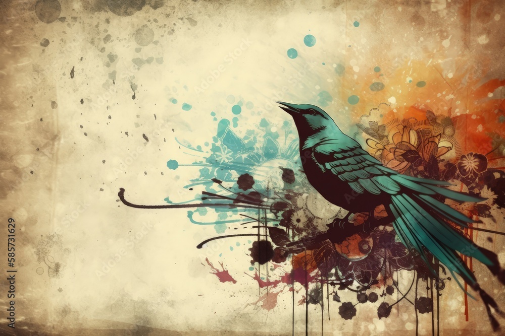 Poster colorful bird perched on a tree branch. generative ai
