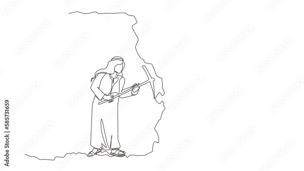 Poster animated self drawing of continuous line draw arabian businessman digging with pickaxe to get diamon