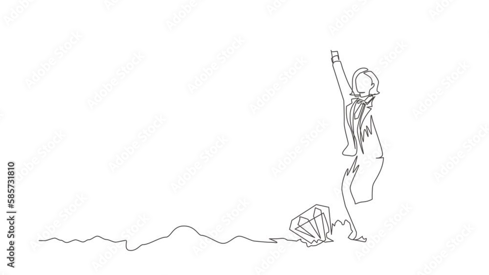 Poster self drawing animation of single line draw businesswoman in hole prancing happily while lifting pick