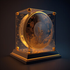 An illustration of bitcoin in physical form is placed in a transparent box from which golden rays are emitted. The light from the metric electronic circuit in it overflows to illuminate outer space.

