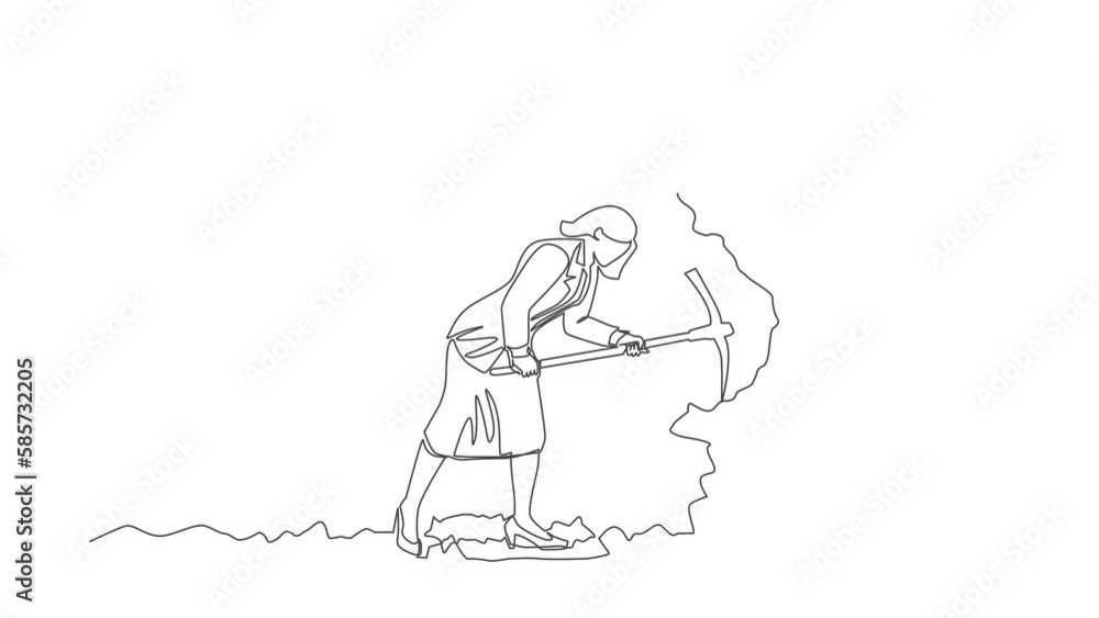 Poster animated self drawing of single continuous line draw businesswoman digging with pickaxe to get diamo