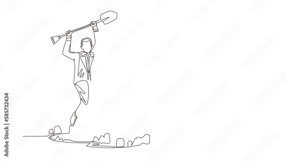Poster animated self drawing of continuous line draw businessman in hole prancing happily while lifting sho