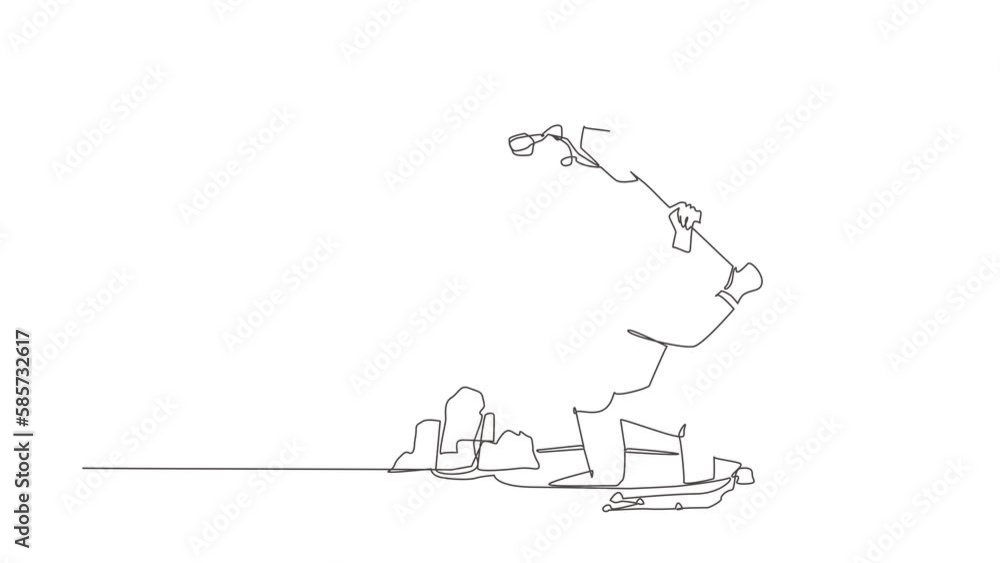Poster animated self drawing of continuous line draw businessman digging in dirt using shovel. man in suit 