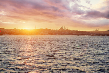 Beautiful sunset in Istanbul. Landscape  Mosque, Bosphorus Turkey