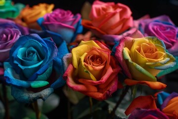 Fototapeta na wymiar Colorful roses background. Rainbow colors roses close up. Generative AI