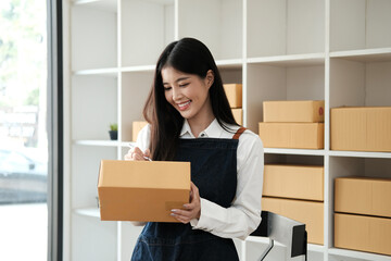Attractive Asian entrepreneur business woman checking order