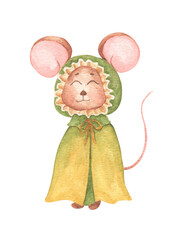 Little mouse in green cloak with hood. Watercolor hand draw illustration.