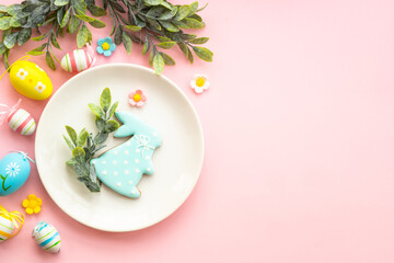 Easter food background. Easter table setting. Flat lay on blue.