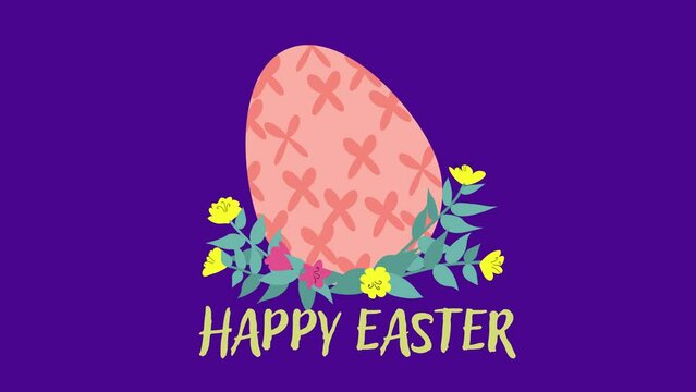 Animated illustration with decorated egg and hand drawn flowers and text Happy Easter. 4k video