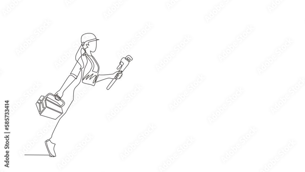 Poster animated self drawing of continuous line draw mechanic repairwoman worker with tools is running. tec