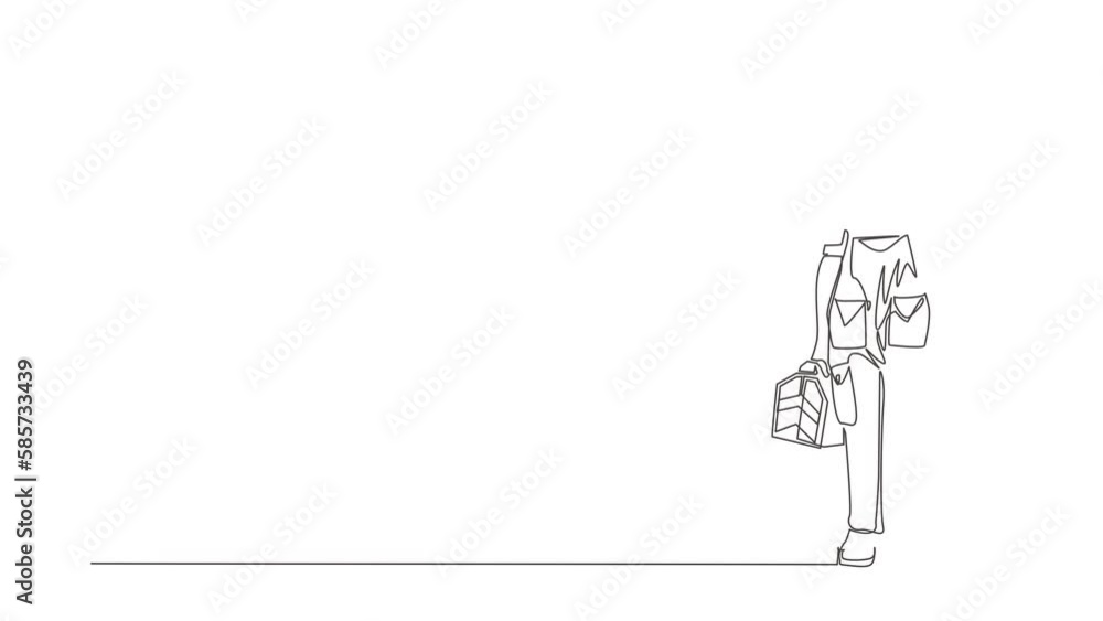 Poster self drawing animation of single one line draw plumber holding wrench, tools box in hands. professio