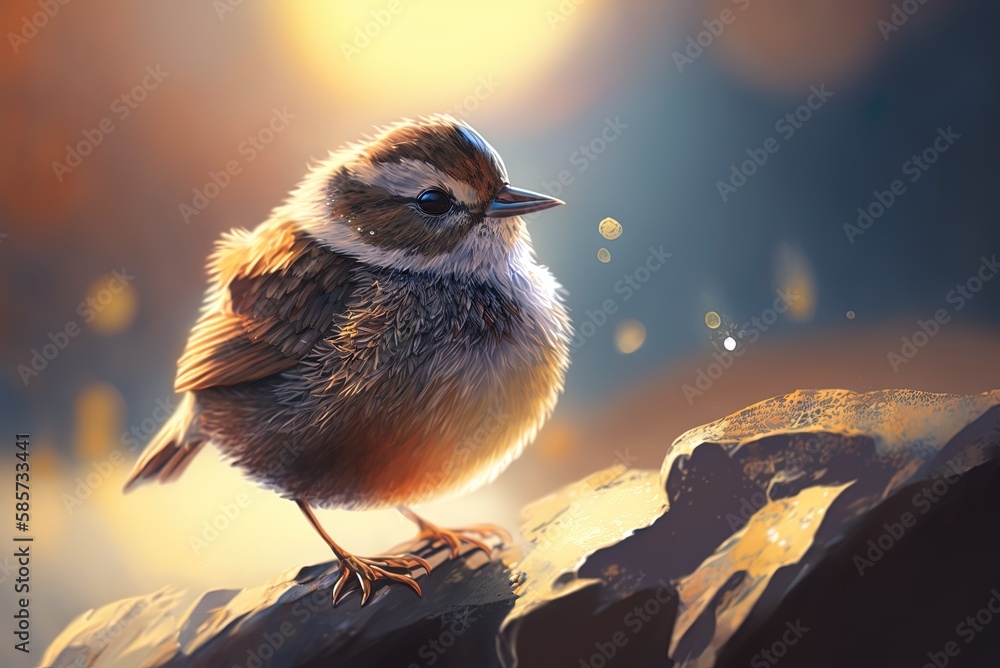 Poster hazy midday closeup of a sparrow perched on some rocks in the sunshine. generative ai