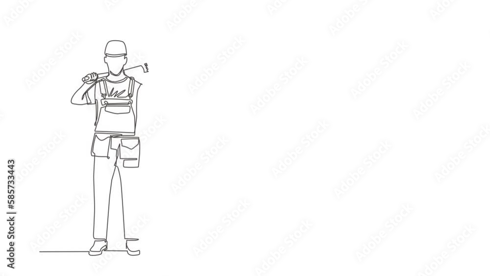 Poster animated self drawing of continuous line draw plumber holding wrench, tools box in hands stands isol