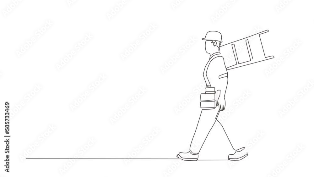 Poster self drawing animation of single line draw repairman with ladder. handyman working on call. carpente