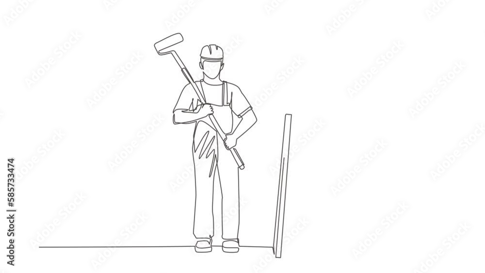 Poster animated self drawing of continuous one line draw painter man in overalls with a painting roller, wi