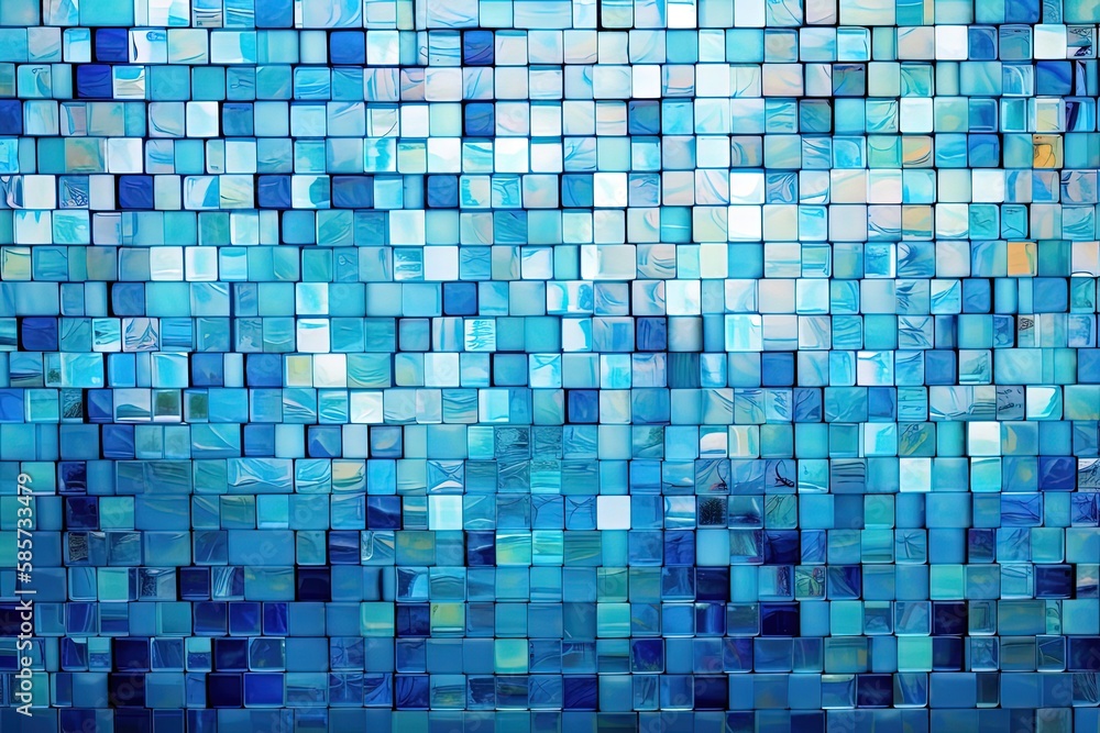 Poster blue tiled wall with a mosaic pattern made up of small squares. generative ai