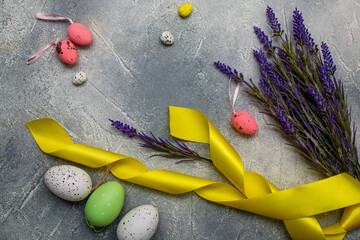 Easter decoration with eggs and lavender .