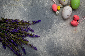 Easter decoration with eggs and lavender .